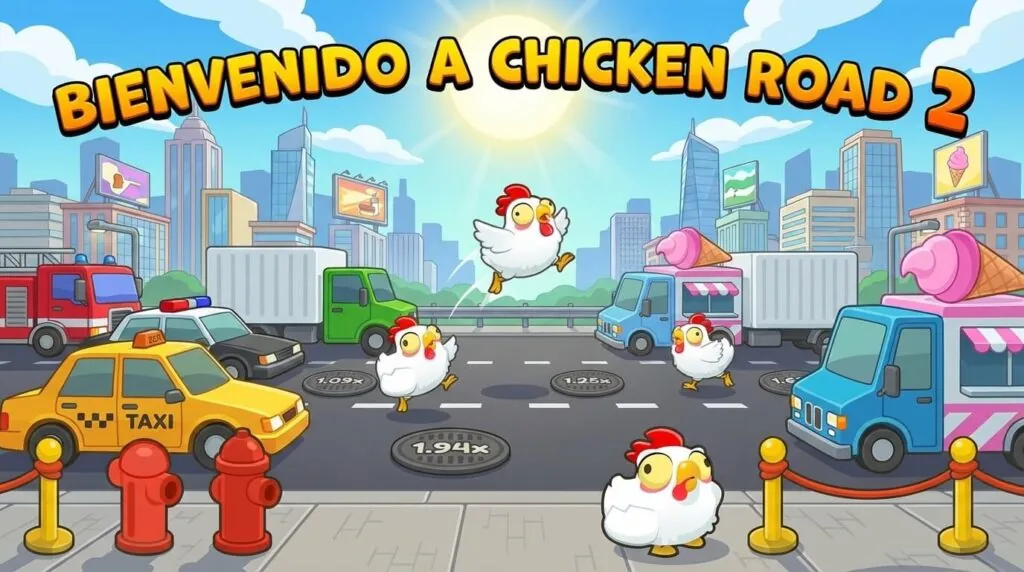 Varios personajes cruzando una calle con tráfico intenso en la pantalla de bienvenida de Chicken Road 2 con un fondo de ciudad.