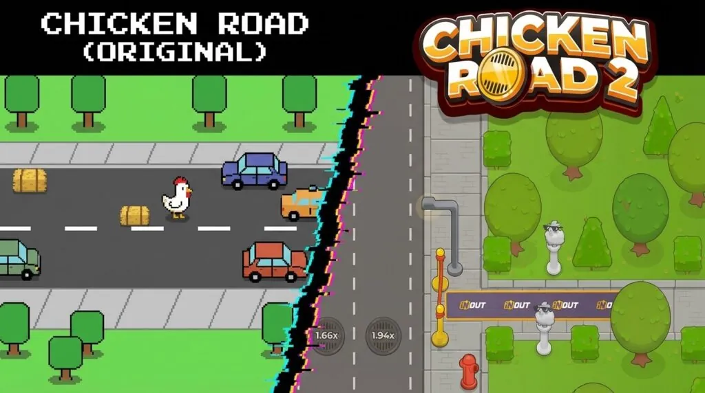 Comparación entre el estilo retro pixelado original y los nuevos gráficos modernos implementados en Chicken Road 2.