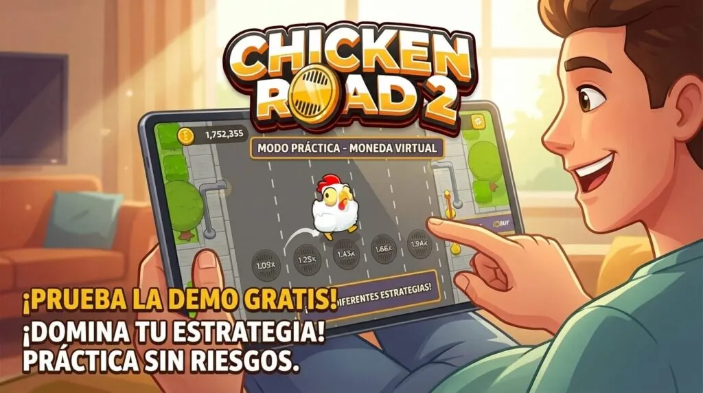 Un usuario jugando la versión de demostración gratuita de Chicken Road 2 en una tablet para probar estrategias sin riesgo.