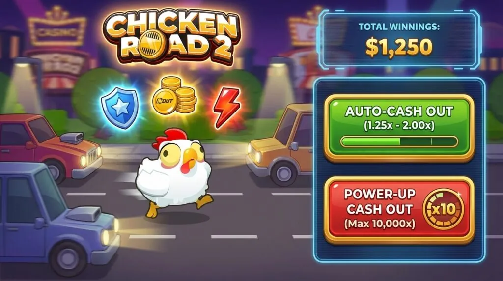 Interfaz de usuario de Chicken Road 2 que destaca las funciones de cobro automático y los multiplicadores especiales de premios.
