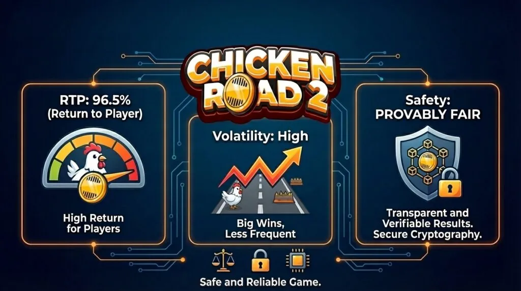 Panel informativo sobre el retorno al jugador del 96.5% y la alta volatilidad que ofrece el sistema de Chicken Road 2.